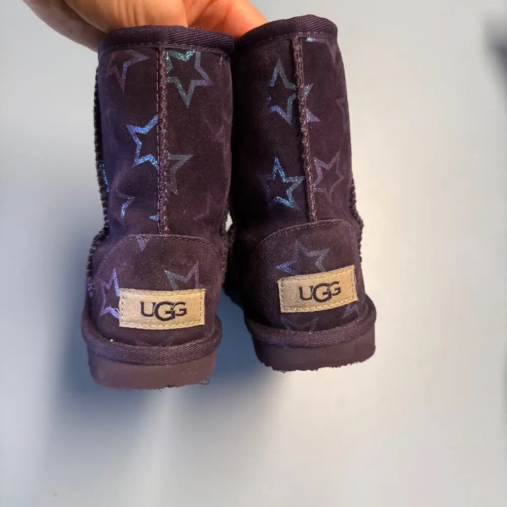 UGG Girls Sz 11 Boots Classic II Purple Iridescent Stars Nightshade